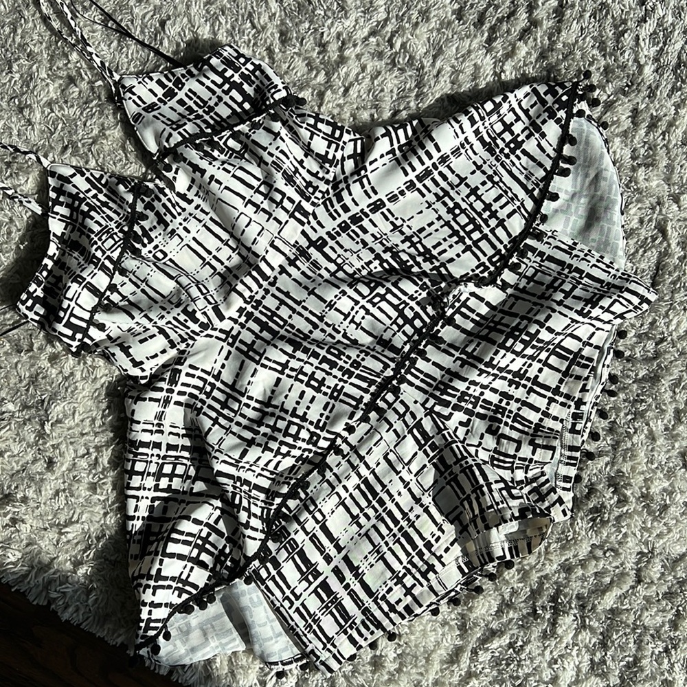 Luxxel Black & White Grid Print Romper with Pom Trim